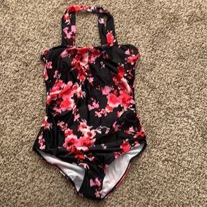 Black Floral Print Bathing Suite